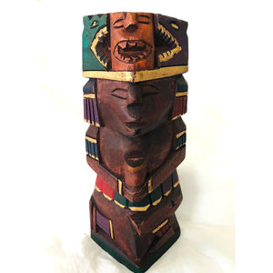 Hand Carved Painted Wooden Tiki Totem Pole 7.5" x 3"